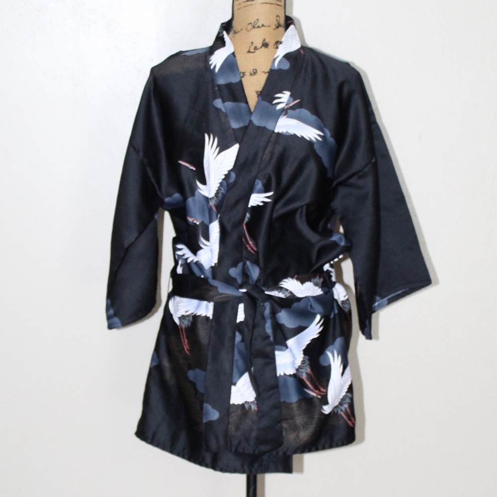 Vintage Marukyo Japanese Black Crane Satin Kimono Short Robe Tie Belt Women’s M